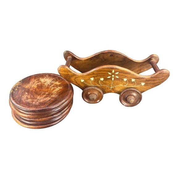 Vintage Wooden Wheel Cart Shape Tea Coffee Coaster Home Decorative Set 6 VTG - Picture 7 of 10